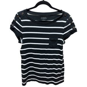 Talbots Stretch Weekend Tee Women's Striped Cotton Pocket Tee Black White Large